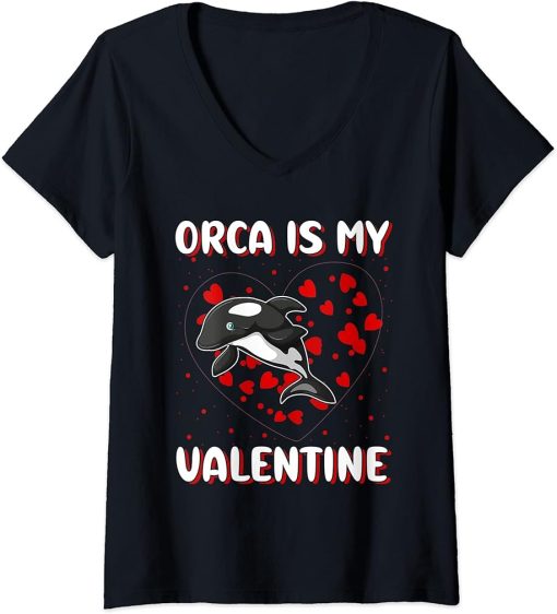 Womens Orca Is My Valentine Heart Shape Orca Fish Valentine V-Neck T-Shirt