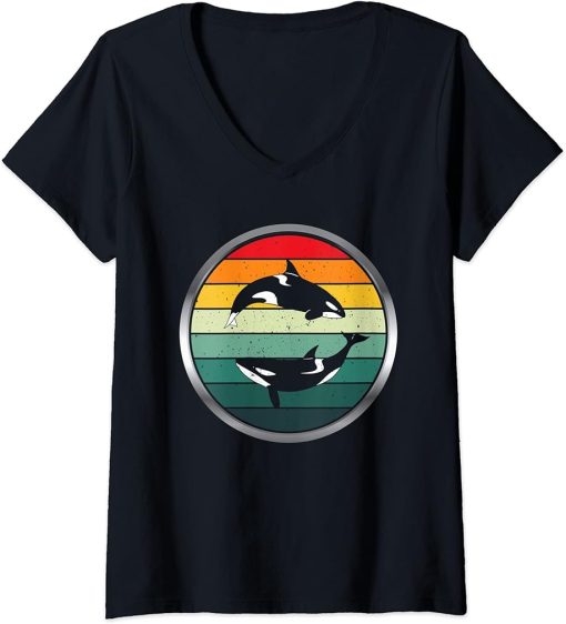 Womens Retro Vintage Orca V-Neck T-Shirt