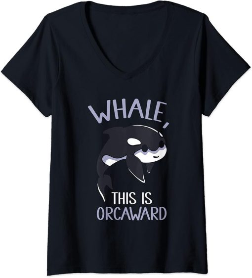 Womens Whale This Is Orcaward Orcas Orca Awkward Humor V-Neck T-Shirt