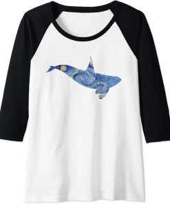 Womens Orca Van Gogh Starry Night Art Van Gogh Painting Whale Raglan Baseball Tee