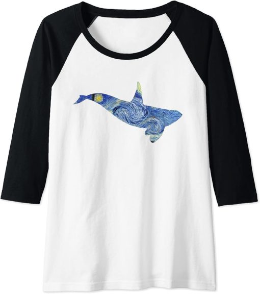 Womens Orca Van Gogh Starry Night Art Van Gogh Painting Whale Raglan Baseball Tee