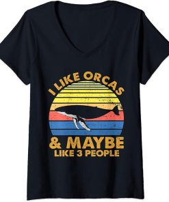 Womens Vintage I Like Orcas & Maybe 3 People Orca Killer Whale Fans V-Neck T-Shirt