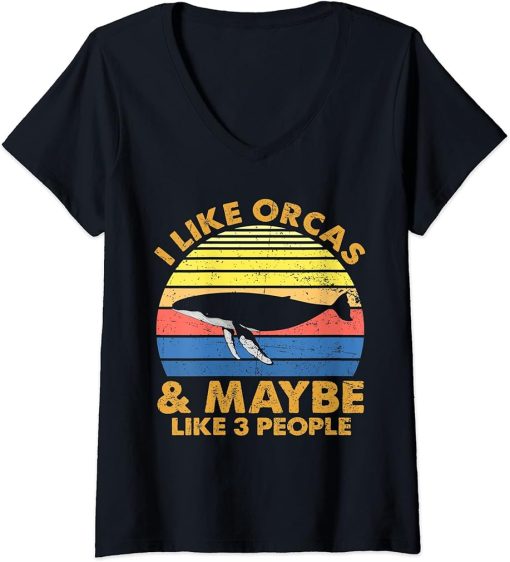 Womens Vintage I Like Orcas & Maybe 3 People Orca Killer Whale Fans V-Neck T-Shirt