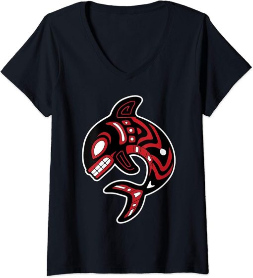 Womens Northwest Coast Orca Native American Totem Killer Whale V-Neck T-Shirt