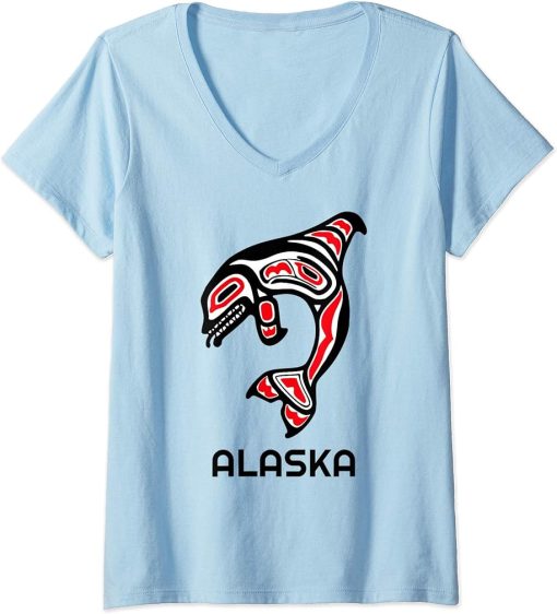 Womens Alaska State Pride Orca Native American Indian Killer Whale V-Neck T-Shirt