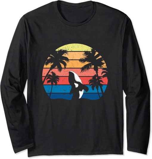 Retro Ocean Killer Whale Gift Sunset Whale Aquarist Orca Long Sleeve T-Shirt